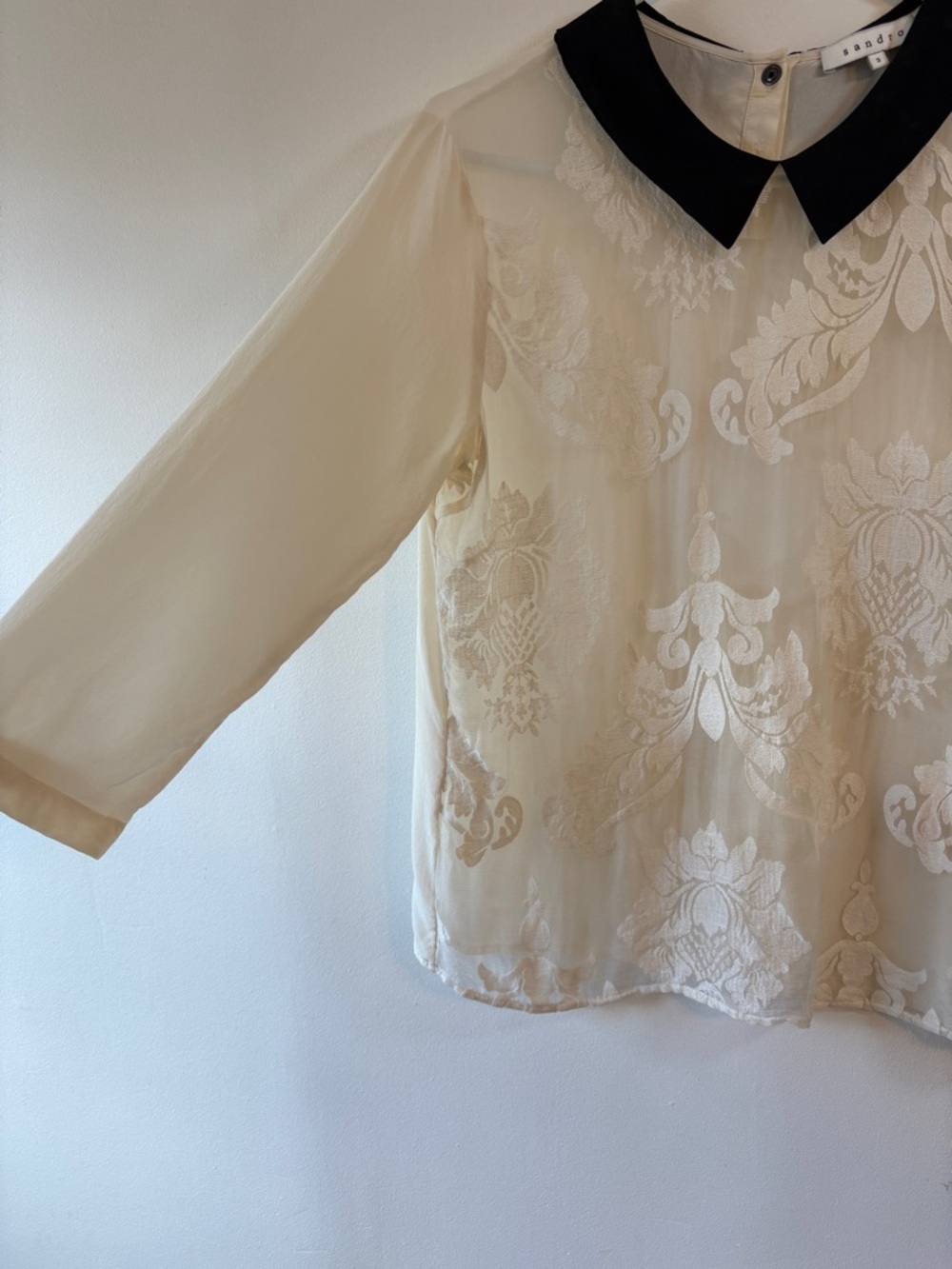 Sandro Paris Ivory Silk Lace Blouse Peter Pan Collar Sheer Romantic Top Size 3 - Picture 5 of 11